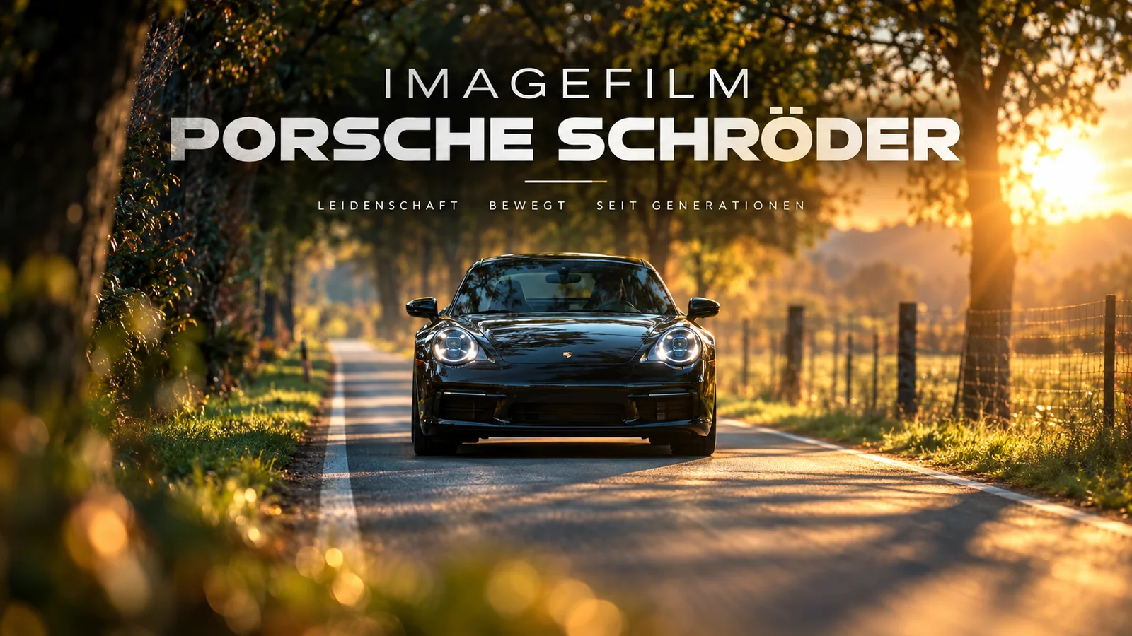 Keyvisual des Imagefilms für Porsche Schröder: ein schwarzer Porsche auf einer Allee im Gegenlicht